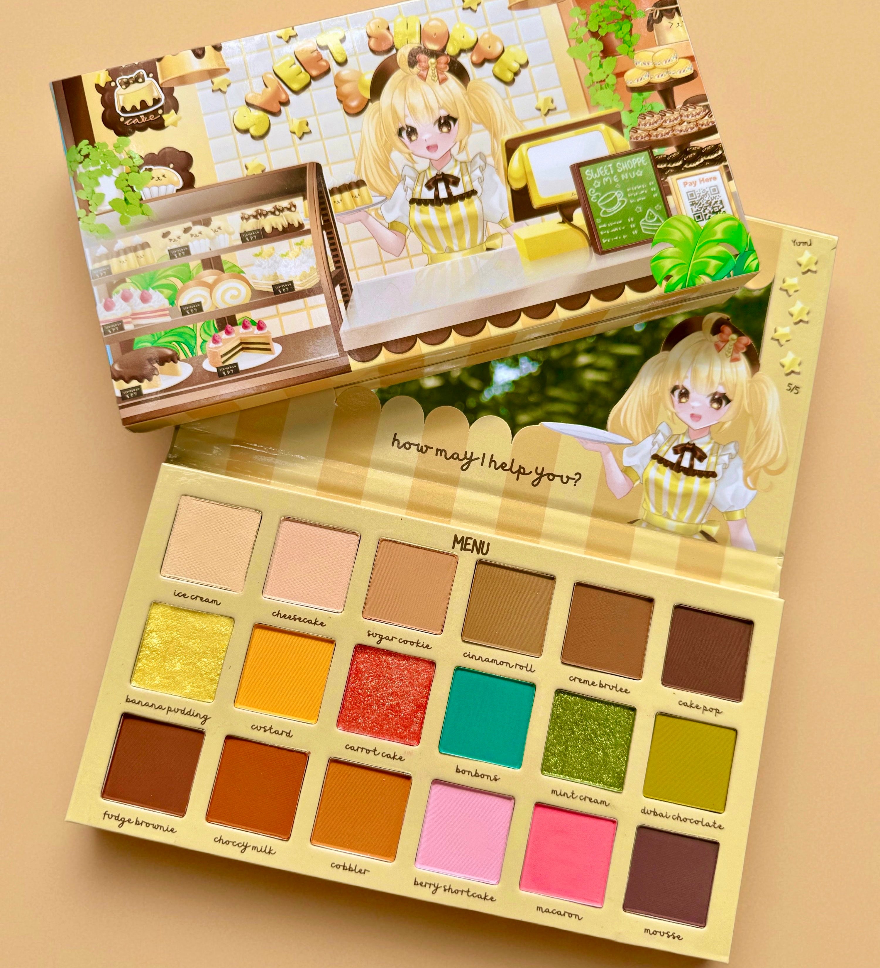 Makeup palette with colorful shades and a character design on a beige background