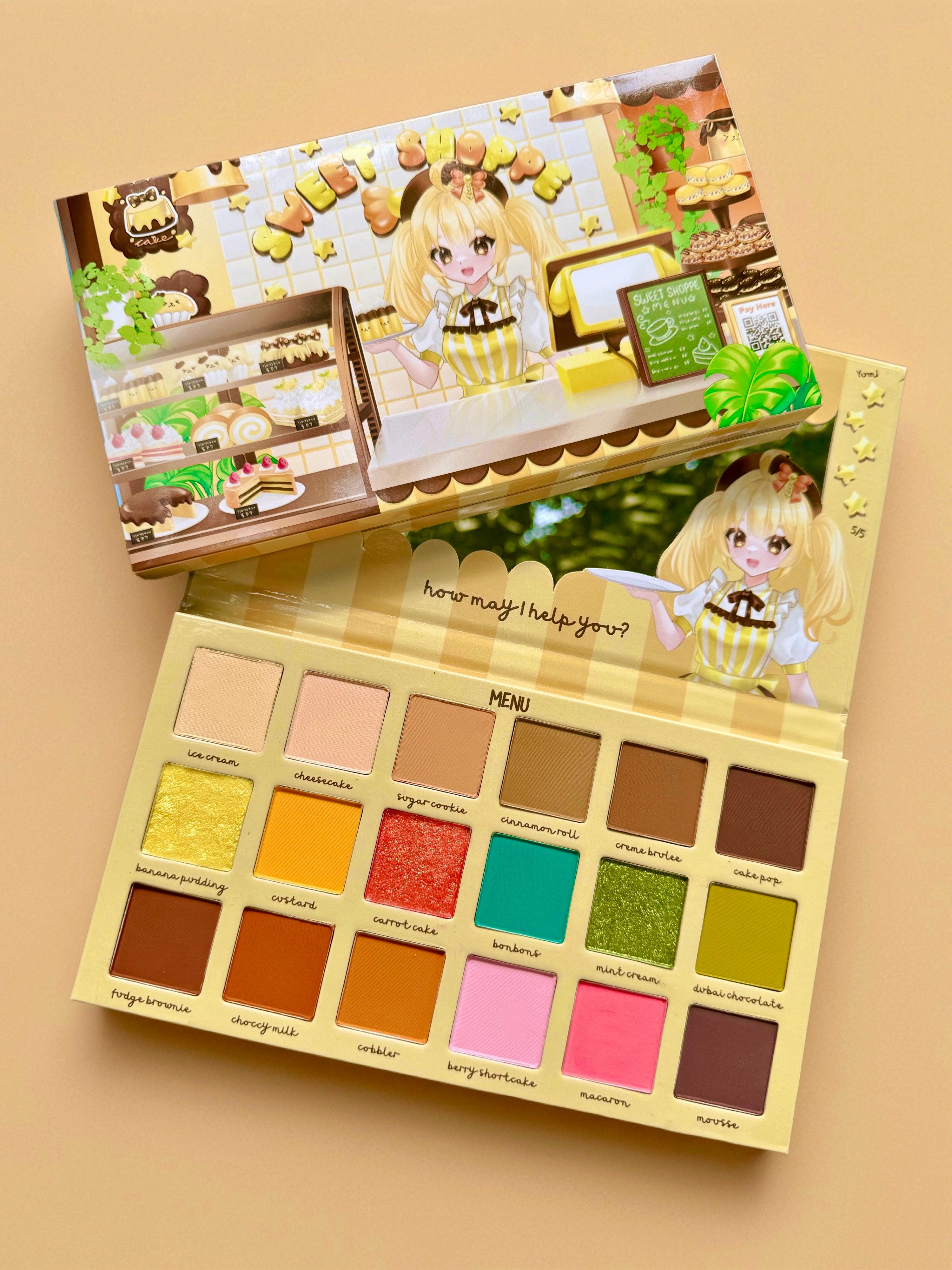 Makeup palette with colorful shades and a character design on a beige background
